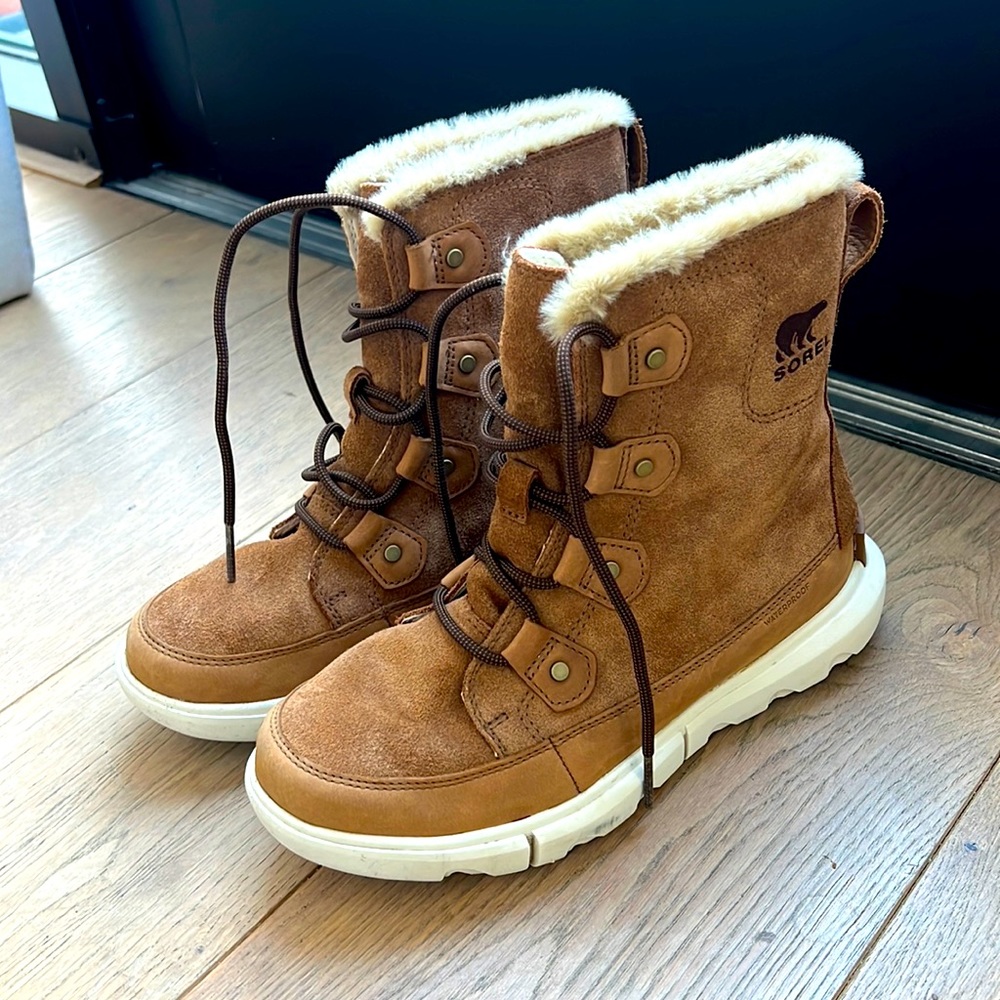 Sorel Women’s Explorer II Joan Faux Fur waterproof boot in tan, fawn size 8